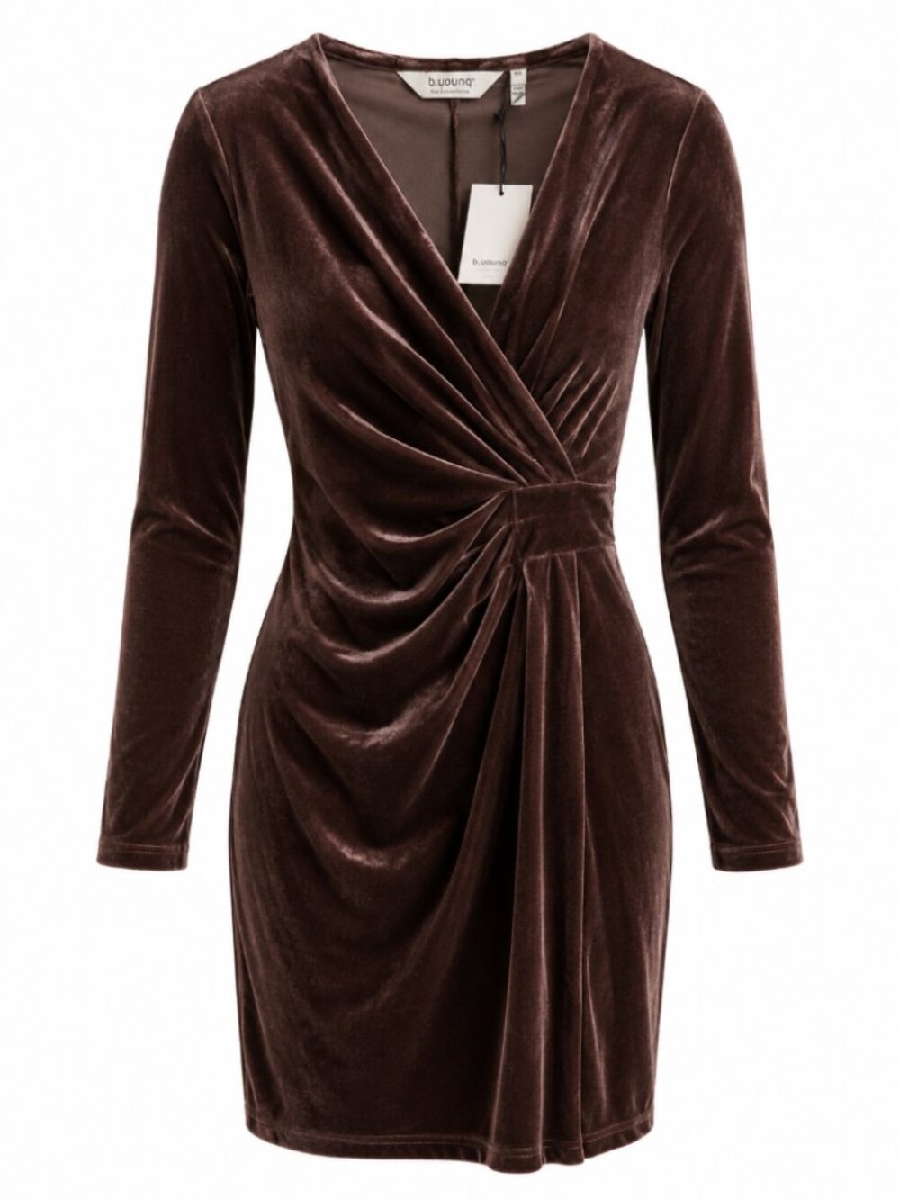 NWT B.Young Velvet Dreams Brown Ruched Long Sleeve Faux Wrap Dress XS
